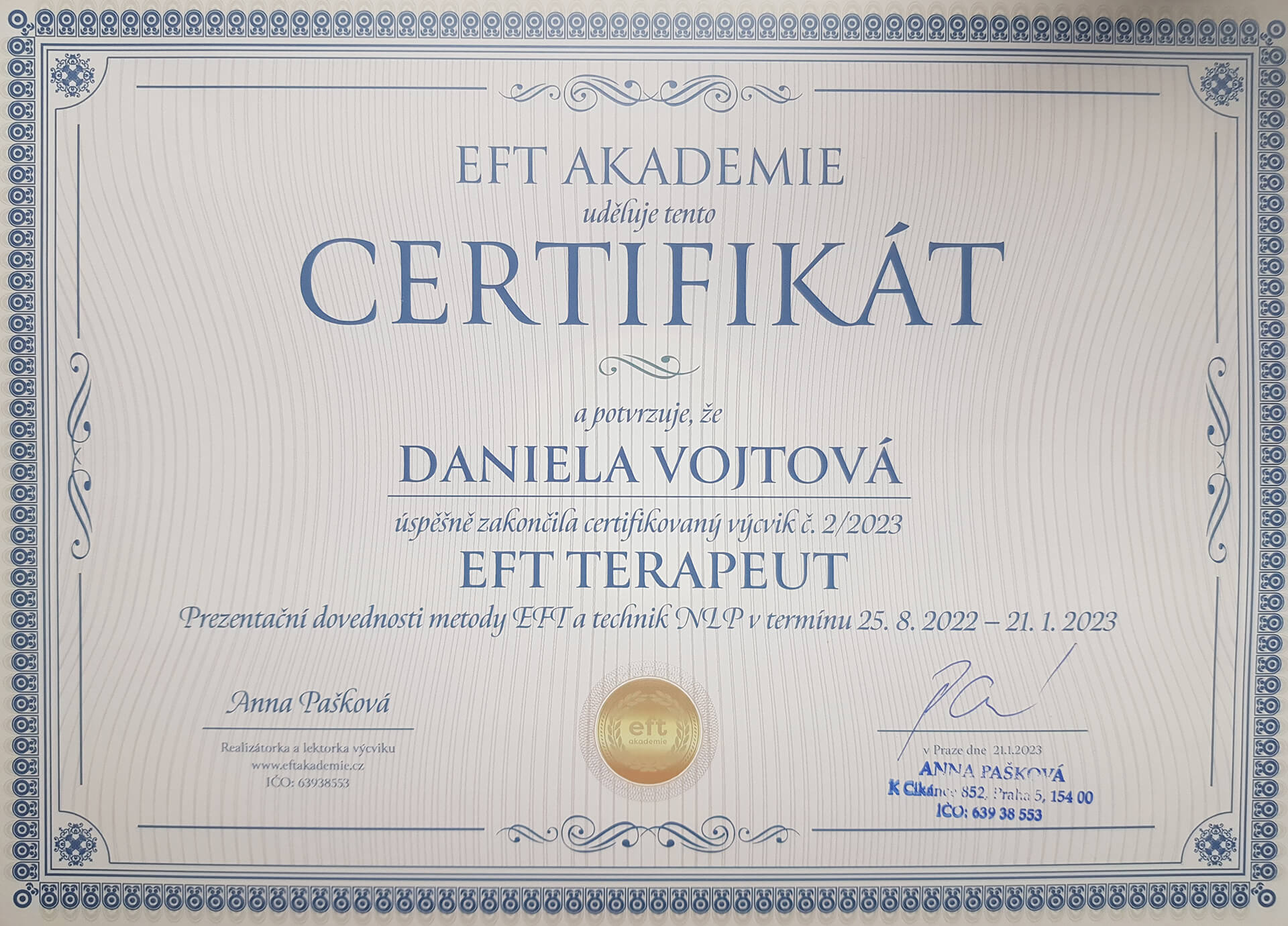 Certifikát EFT terapeuta.